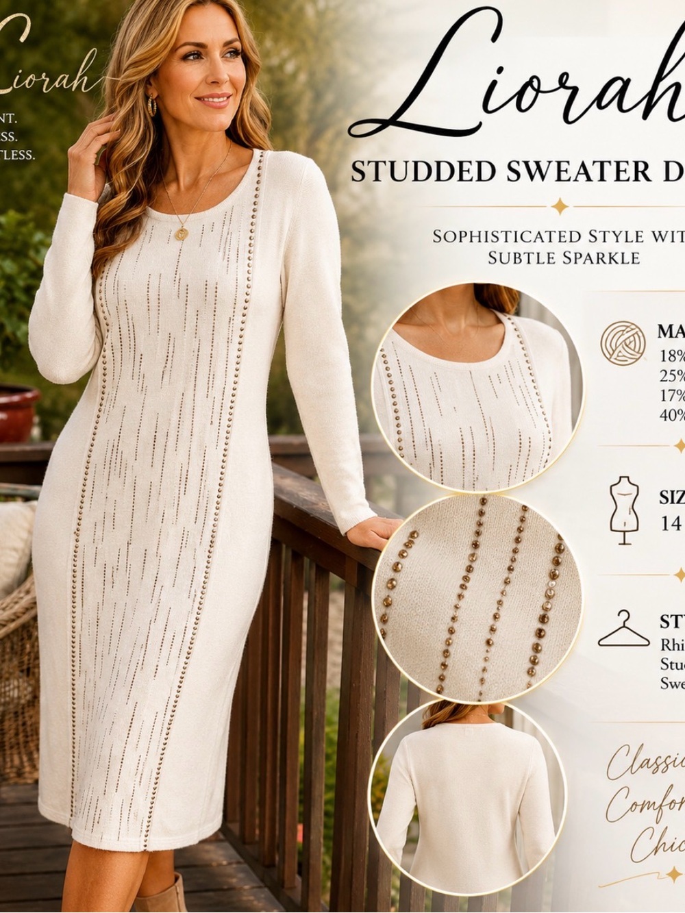 Liorah Womens Ivory Wool Blend Knit Midi Sweater Dress Size 14 XL Gold Studs